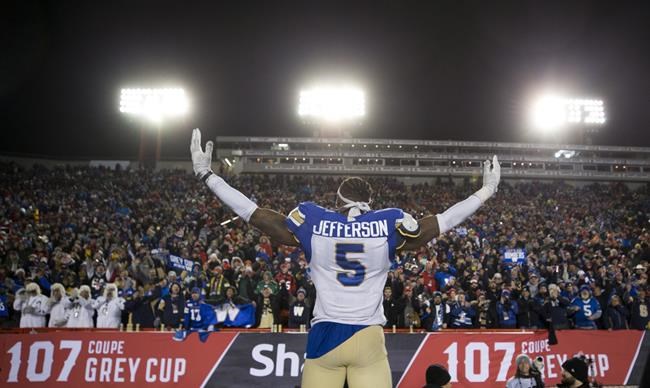 Winnipeg Blue Bombers' Willie Jefferson celebrates winning the 107th Grey Cup against the Hamilton Tiger Cats in Calgary, Alta., Sunday, November 24, 2019. THE CANADIAN PRESS/Todd Korol