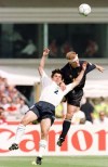 FILE - In this file photo dated Saturday June 15, 1996, Scotland's Gordan Durie, right, pulls back England's Gary Neville during their Group A soccer match at the European Soccer Championships at London's Wembley Stadium. The Scottish men last qualified for a European Championship in 1996 but didn’t advance from the group stage after losing to England at Wembley. (AP Photo/Lynne Sladky, FILE)
