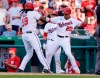 Washington Nationals' Josh Bell (19) celebrates a two-run home run with Juan Soto (22) during the seventh inning of a baseball game against the Pittsburgh Pirates, Wednesday, June 16, 2021, in Washington. Washington won 3-1. (AP Photo/Carolyn Kaster)