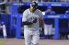 New York Yankees Gary Sanchez celebrates his two-run home run during the seventh inning of the team's baseball game against the Toronto Blue Jays, Wednesday, June 16, 2021, in Buffalo, N.Y. (AP Photo/Jeffrey T. Barnes)