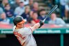 Baltimore Orioles' Ryan Mountcastle hits a two-run home run during the fifth inning of the team's baseball game against the Cleveland Indians, Wednesday, June 16, 2021, in Cleveland. (AP Photo/Tony Dejak)