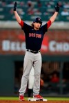 Boston Red Sox starting pitcher Garrett Richards reacts at second base after driving in a run with a double in the fourth inning of a baseball game against the Atlanta Braves Wednesday, June 16, 2021, in Atlanta. (AP Photo/John Bazemore)