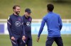 England manager Gareth Southgate, left, and Marcus Rashford during a training session at St George's Park, Burton upon Trent, England, Monday June 14, 2021. (Nick Potts/PA via AP)
