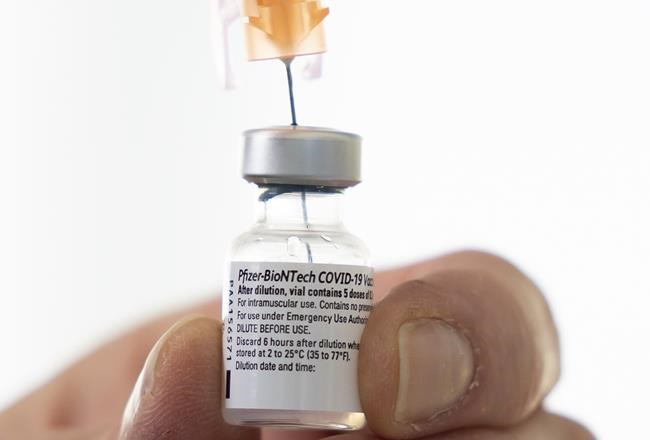 A dose of the Pfizer-BioNTech COVID-19 vaccine is pictured at a vaccination site in Vancouver Thursday, March 11, 2021. On June 1, NACI had said AstraZeneca recipients