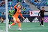 Atlanta United goalkeeper Brad Guzan gestures from the goal during the second half of an MLS soccer match against the Seattle Sounders, Sunday, May 23, 2021, in Seattle. (AP Photo/Ted S. Warren)