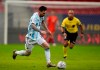 Argentina's Lionel Messi controls the ball during a Copa America soccer match against Uruguay at National stadium in Brasilia, Brazil, Friday, June 18, 2021. (AP Photo/Ricardo Mazalan)