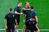 Italy's Ciro Immobile, top right, and Andrea Belotti, top left, smile during a training session ahead of Friday's Euro 2020, group A soccer match against Turkey, at the Rome Olympic stadium, Thursday, June 10, 2021. (AP Photo/Andrew Medichini, Pool)