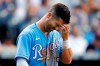 Kansas City Royals' Whit Merrifield reacts after striking out in the seventh inning of the team's baseball game against the Boston Red Sox at Kauffman Stadium in Kansas City, Mo., Saturday, June 19, 2021. (AP Photo/Colin E. Braley)