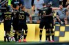 Columbus Crew players celebrate their goal against the Chicago Fire during the first half of an MLS soccer match Saturday, June 19, 2021, in Columbus, Ohio. (AP Photo/Jay LaPrete)