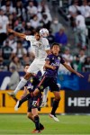LA Galaxy forward Ethan Zubak, left, and Seattle Sounders midfielder Danny Leyva try to head the ball during the second half of a Major League Soccer match Saturday, June 19, 2021, in Carson, Calif. The Sounders won 2-1. (AP Photo/Mark J. Terrill)