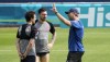 Denmark's manager Kasper Hjulmand, right, talks to Denmark's Thomas Delaney, left, and Denmark's Pierre-Emile Hojbjerg, center, during a training session of Denmark's national team in Helsingor, Denmark, Saturday, June 19, 2021. (AP Photo/Martin Meissner)