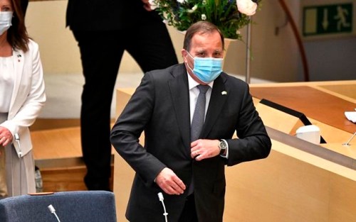 Sweden's Prime Minister Stefan Lofven before a confidence vote in the Swedish Parliament in Stockholm, Sweden, Monday June 21, 2021. Sweden's Prime Minister Stefan Lofven faces a no-confidence vote in the Riksdag parliament, after the Left Party said this week that it had lost confidence in Lofven and his center-left minority government. (Anders Wiklund / TT via AP)