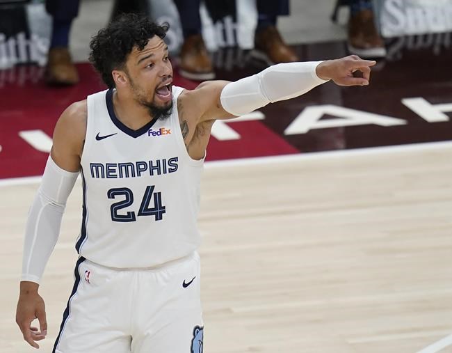 Memphis Grizzlies forward Dillon Brooks (24) gestures to teammates during the first half of Game 5 of their NBA basketball first-round playoff series against the Utah Jazz on Wednesday, June 2, 2021, in Salt Lake City.  THE CANADIAN PRESS/AP-Rick Bowmer