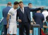 Slovakia's manager Stefan Tarkovic gestures as he talks with replacement player Michal Duris during the Euro 2020 soccer championship group E match between Sweden and Slovakia at Saint Petersburg Stadium in St. Petersburg, Russia, Friday, June 18, 2021. (AP Photo/Maxim Shemetov,Pool)