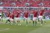Hungary team celebrates with fans at the end of the Euro 2020 soccer championship group F match between Hungary and France, at the Ferenc Puskas stadium, in Budapest, Saturday, June 19, 2021. The match ended in a 1-1 draw. (Alex Pantling, Pool via AP)