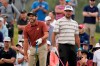 Sergio Garcia, of Spain, left, watches his shot on the 15th tee as Bubba Watson looks on during the second round of the U.S. Open Golf Championship, Friday, June 18, 2021, at Torrey Pines Golf Course in San Diego. (AP Photo/Jae C. Hong)