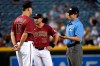 Arizona Diamondbacks manager Torey Lovullo (17) discuses a call with umpire D.J. Reyburn during the fifth inning of a baseball game against the Milwaukee Brewers, Wednesday, June 23, 2021, in Phoenix. (AP Photo/Matt York)
