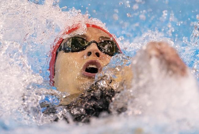 Kylie Masse swims her way to first place in the Women’s 200m Backstroke at the 2020 Olympic Swimming Trials in Toronto on Wednesday June 23, 2021. THE CANADIAN PRESS/Frank Gunn