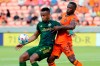 Portland Timbers forward Jeremy Ebobisse (17) blocks out Houston Dynamo defender Maynor Figueroa (15) as he brings the ball down during the first half of an MLS soccer match Wednesday, June 23, 2021, in Houston. (AP Photo/Michael Wyke)