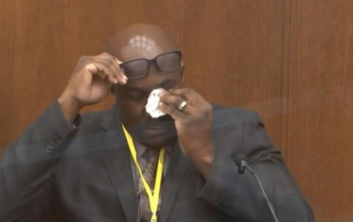 FILE - In this April 12, 2021, file photo, from video, Philonise Floyd, brother of George Floyd, becomes emotional as he testifies as Hennepin County Judge Peter Cahill presides over court Monday,, in the trial of former Minneapolis police Officer Derek Chauvin. Former Minneapolis police Officer Derek Chauvin faces decades in prison when he is sentenced Friday, June 25, 2021, following his murder and manslaughter convictions in the death of George Floyd. Floyd's death, filmed by a teenage bystander as Chauvin pinned Floyd to the pavement for about 9 and a half minutes and ignored Floyd's 