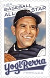 This handout provided by the United States Postal Service shows the Yogi Berra stamp, issued on Thursday, June 24, 2021. “We hope this stamp will serve as a reminder of Yogi’s larger than life personality — both on and off the field,” said Ron A. Bloom, chairman, U.S. Postal Service Board of Governors.(United States Postal Service via AP)