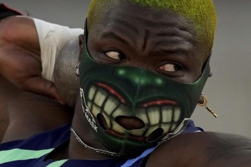 Raven Saunders competes during the finals of the women's shot put at the U.S. Olympic Track and Field Trials Thursday, June 24, 2021, in Eugene, Ore. (AP Photo/Charlie Riedel)