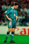 FILE - In this June 26, 1996 file photo England's Gareth Southgate bows his head after missing from the spot during a penalty shootout in the European Soccer Championships semi-final match against England at London's Wembley Stadium. Germany won 6-5 on penalties after the match finished 1-1 following extra time. Current England coach Gareth Southgate missed the decisive kick in the shootout, and Germany went on to win the title. (AP Photo/Lynne Sladky, File)