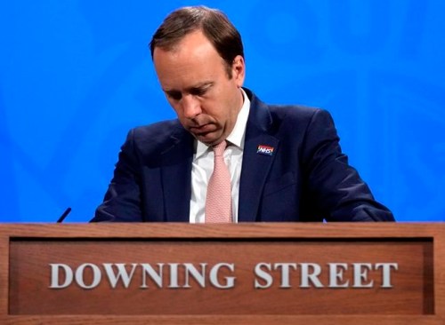 FILE - In this file photo dated Thursday, May 27, 2021, Britain's Health Secretary Matt Hancock speaks during a coronavirus media briefing from Downing Street in London. Britain’s health minister has resigned as Health Secretary in a letter to Boris Johnson, released Saturday June 26, 2021. (AP Photo/Matt Dunham, FILE)