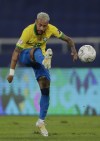 Brazil's Neymar takes a shot during a Copa America soccer match against Peru at Nilton Santos stadium in Rio de Janeiro, Brazil, Thursday, June 17, 2021. (AP Photo/Silvia Izquierdo)
