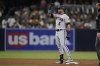 Arizona Diamondbacks' David Peralta reacts after hitting a double during the fifth inning of a baseball game against the San Diego Padres, Saturday, June 26, 2021, in San Diego. (AP Photo/Gregory Bull)
