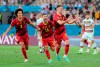 Belgium's Axel Witsel, from left, Belgium's Eden Hazard and Belgium's Thorgan Hazard celebrate after scoring their side's first goal during the Euro 2020 soccer championship round of 16 match between Belgium and Portugal at the La Cartuja stadium in Seville, Spain,Sunday, June 27, 2021. (AP Photo/Thanassis Stavrakis, Pool)