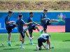 From left rear, Germany's Lukas Klostermann , Jonas Hofmann, Kevin Volland and Matthias Ginter attend a training session of the German national soccer team in Herzogenaurach, Germany, Monday, June 28, 2021. Germany will face England for a Euro 2020 soccer championship round of 16 match in London on Tuesday, June 29, 2021. (Federico Gambarini/dpa via AP)
