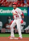 St. Louis Cardinals' Edmundo Sosa (63) celebrates after hitting a double in the seventh inning of a baseball game against the Arizona Diamondbacks, Monday, June 28, 2021, in St. Louis. (AP Photo/Tom Gannam)