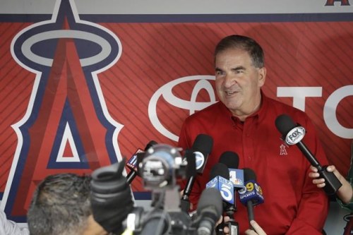 FILE - Tim Mead, then-Los Angeles Angels' vice president of communications, talks to reporters during a news conference in Anaheim, Calif. The family of former Los Angeles Angels pitcher Tyler Skaggs filed lawsuits Tuesday, June 29, 2021, in Texas and California charging the team and two former employees with negligence in his drug-related death two years ago. The lawsuits — filed by Skaggs' parents in Texas and his wife in California — name the Angels organization as well as former Los Angeles communications directors Tim Mead and Eric Kay as defendants. (AP Photo/Chris Carlson, File)