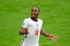 England's Raheem Sterling celebrates after scoring his side's opening goal during the Euro 2020 soccer match round of 16 between England and Germany at Wembley stadium in London, Tuesday, June 29, 2021. (John Sibley/Pool via AP)