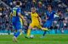 Sweden's Emil Forsberg, centre, scores his side's opening goal during the Euro 2020 soccer championship round of 16 match between Sweden and Ukraine at the Hampden Park Stadium in Glasgow, Tuesday, June 29, 2021. (AP Photo/Petr David Josek, Pool)