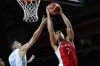 Canada's Dwight Powell drives to the hoop as Greece's Konstantinos Mitoglou tries to defend during first half FIBA Men's Olympic Qualifying basketball action at Memorial Arena in Victoria, Tuesday, June 29, 2021. THE CANADIAN PRESS/Chad Hipolito
