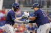 Tampa Bay Rays' Brandon Lowe, left, celebrates his solo home run with Ji-Man Choi during the fifth inning of a baseball game against the Washington Nationals at Nationals Park, Tuesday, June 29, 2021, in Washington. (AP Photo/Alex Brandon)