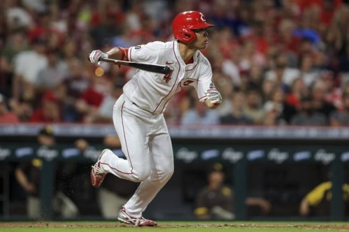 Cincinnati Reds' Shogo Akiyama watches as he hits an RBI-single during the fourth inning of a baseball game against the San Diego Padres in Cincinnati, Tuesday, June 29, 2021. (AP Photo/Aaron Doster)
