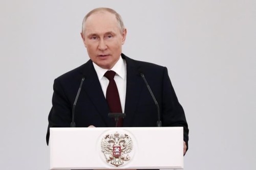 Russian President Vladimir Putin delivers his speech during a meeting with the top graduates of higher military schools of the Defense and Emergencies Ministries, the Federal Security Service, the Federal Guard Service, and the National Guard in Moscow, Russia, Monday, June 28, 2021. (Mikhail Tereshchenko, Sputnik, Kremlin Pool Photo via AP)