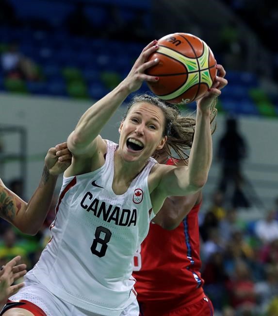 FILE - Canada guard Kim Gaucher pulls down a rebound during the first half of a women's basketball game against the United States at the 2016 Summer Olympics in Rio de Janeiro, Brazil, in this Friday, Aug. 12, 2016, file photo. Canadian basketball player Kim Gaucher, who is breastfeeding her infant daughter, has won in her quest to bring the baby to the Tokyo Olympics.The International Olympic Committee says nursing mothers will now be allowed to bring their babies to Tokyo. (AP Photo/Carlos Osorio, File)