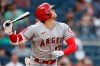 Los Angeles Angels' Shohei Ohtani flies out during the first inning of the team's baseball game against the New York Yankees on Wednesday, June 30, 2021, in New York. (AP Photo/Adam Hunger)