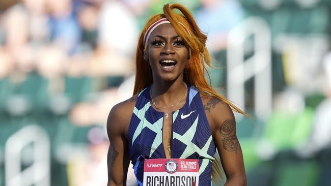 In this June 19, 2021 photo, Sha'Carri Richardson celebrates after winning the first heat of the semis finals in women's 100-meter runat the U.S. Olympic Track and Field Trials in Eugene, Ore.  Richardson cannot run in the Olympic 100-meter race after testing positive for a chemical found in marijuana. Richardson, who won the 100 at Olympic trials in 10.86 seconds on June 19, told of her ban Friday, July 2 on the “Today Show.”(AP Photo/Ashley Landis)