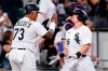 Chicago White Sox's Andrew Vaughn, right, celebrates with Yermin Mercedes after hitting a two-run home run during the second inning of a baseball game against the Minnesota Twins in Chicago, Wednesday, June 30, 2021. (AP Photo/Nam Y. Huh)