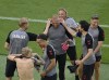 Denmark's goalkeeper Kasper Schmeichel, center, with players during a training session ahead of Saturday's Euro 2020 soccer championship quarterfinal match against Czech Republic, at the Baku Olympic Stadium in Baku, Azerbaijan, Friday, July 2, 2021. (Dan Mullan/Pool via AP)