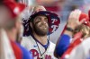 Philadelphia Phillies' Bryce Harper celebrates after hitting a solo home run during the second inning of a baseball game against the San Diego Padres, Saturday, July 3, 2021, in Philadelphia. (AP Photo/Laurence Kesterson)