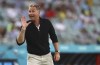 Denmark's manager Kasper Hjulmand reacts during the Euro 2020 soccer championship quarterfinal match between Czech Republic and Denmark at the Baku Olympic Stadium in Baku, Azerbaijan, Saturday, July 3, 2021. (Naomi Baker/Pool Photo via AP)
