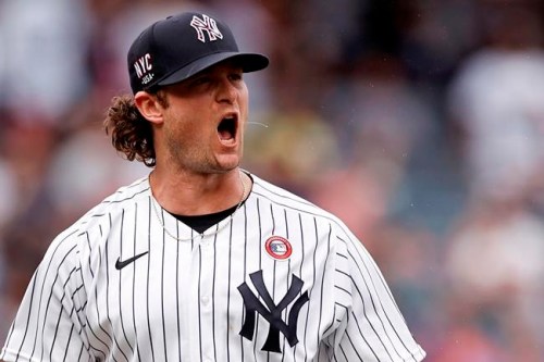 New York Yankees pitcher Gerrit Cole reacts after striking out New York Mets first baseman Pete Alonso to end the top of the third inning of the first baseball game of a doubleheader on Sunday, July 4, 2021, in New York. (AP Photo/Adam Hunger)