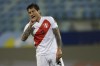 Peru's Gianluca Lapadula reacts during a Copa America quarterfinal soccer match against Paraguay at the Olimpico stadium in Goiania, Brazil, Friday, July 2, 2021. (AP Photo/Andre Penner)