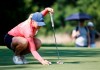 Matilda Castren, of Finland, lines up her putt on the 12th hole during the final round of the LPGA Volunteers of America Classic golf tournament in The Colony, Texas, Sunday, July 4, 2021. (AP Photo/Ray Carlin)